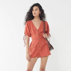 Urban Outfitters Lily Button Front V Neck Linen Cotton Romper Orange S